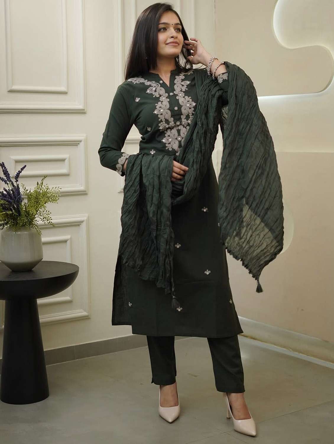 women solid with work three quarter sleeve kurta pant with dupatta set - 22379594 -  Standard Image - 2