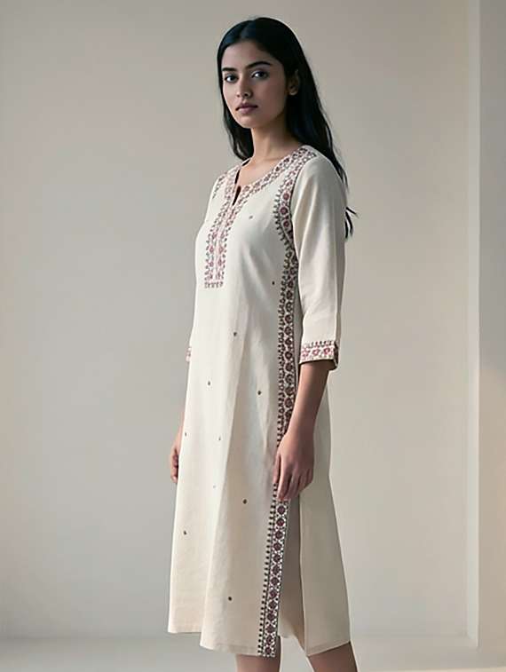 women embroidered three quarter sleeves straight kurta - 22379690 -  Standard Image - 2
