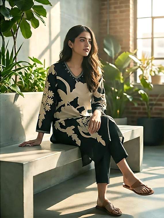 women printed three quarter sleeves straight kurta