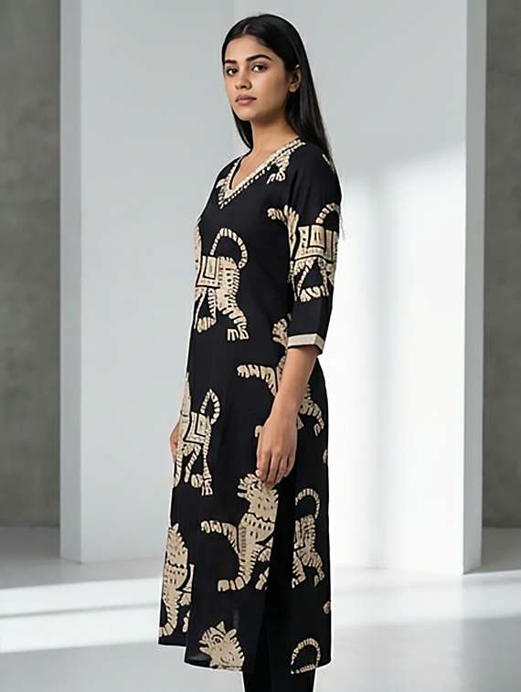 women printed three quarter sleeves straight kurta - 22379692 -  Standard Image - 2