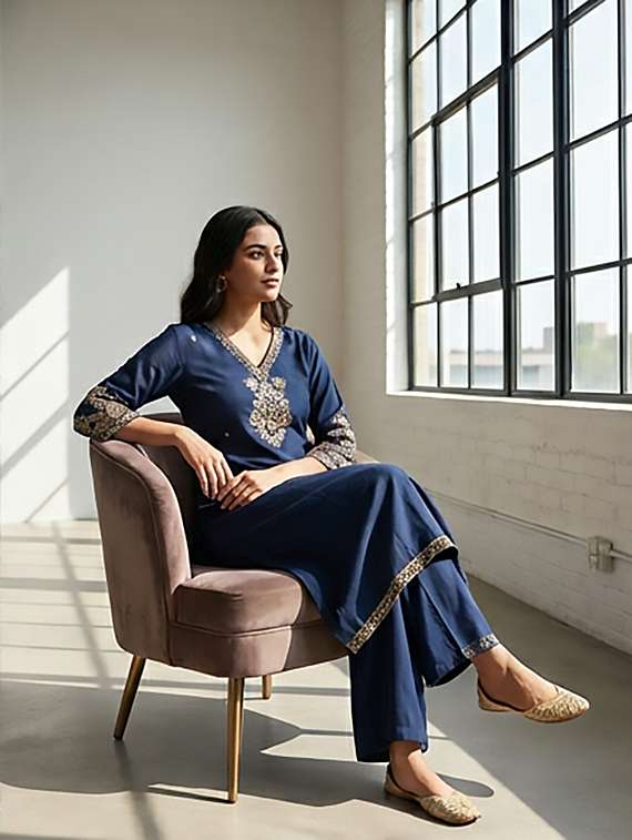women embroidered three quarter sleeves kurta and palazzo set with dupatta - 22379743 -  Standard Image - 2