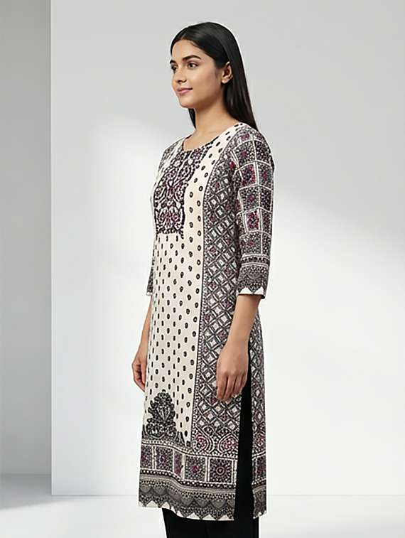 women printed three quarter sleeves kurta and pant set - 22379753 -  Standard Image - 2