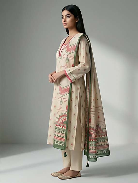 women printed three quarter sleeves kurta and pant set with dupatta - 22379760 -  Standard Image - 2