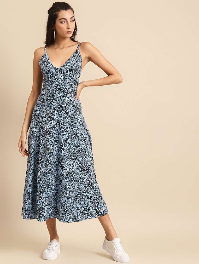 women animal print shoulder strap a-line dress