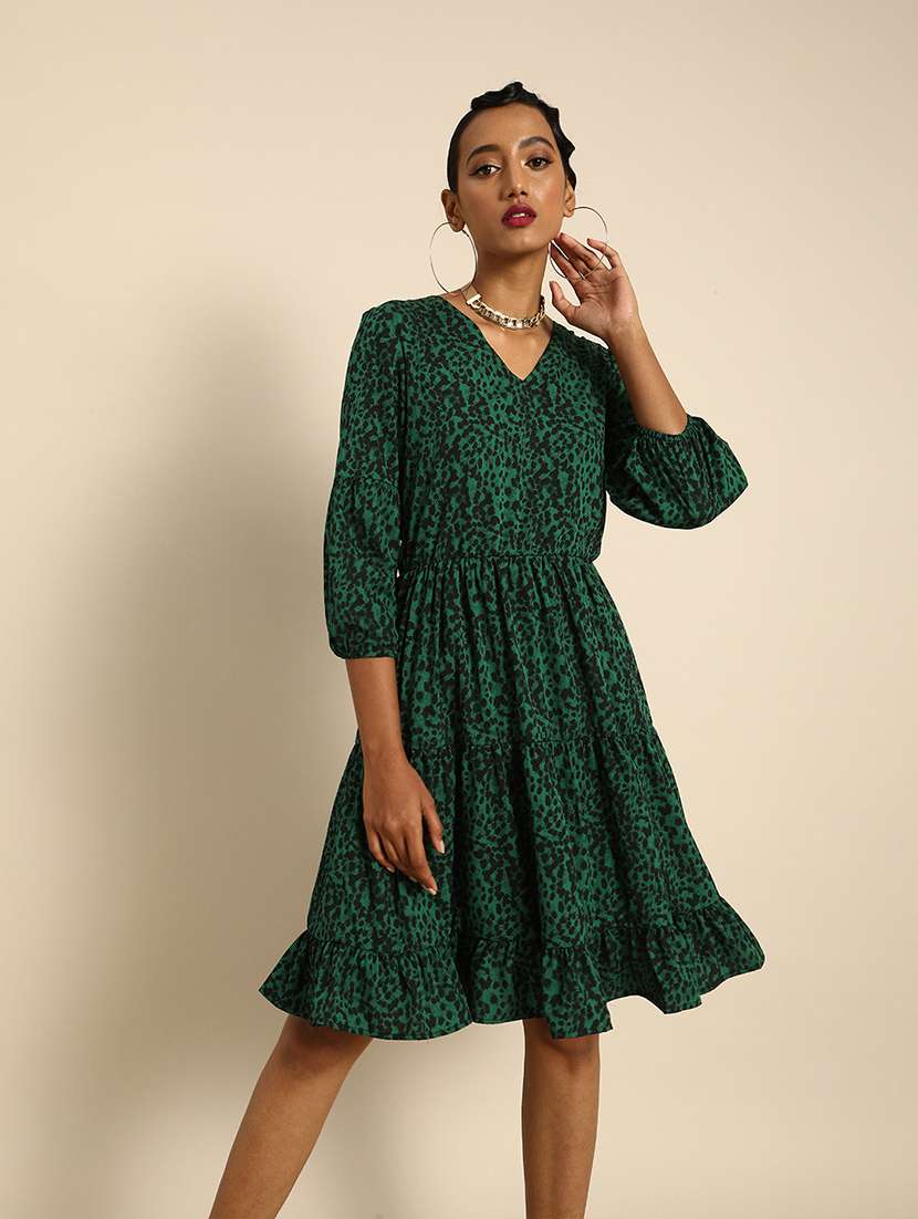women animal print three quarter sleeve tiered dress