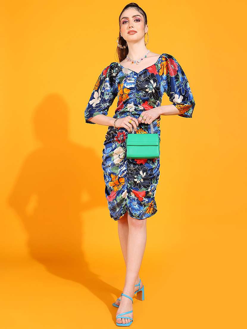 women floral print puff sleeve ruched dress
