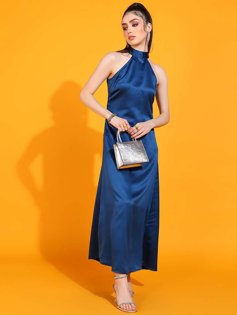 women solid halter neck sleeveless a-line dress
