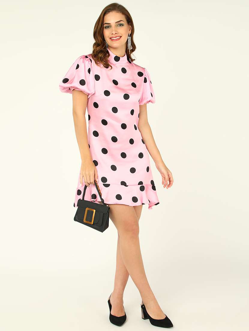 women polka doted puff sleeve tiered dress