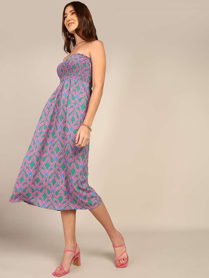 women printed strapless tube a-line dress