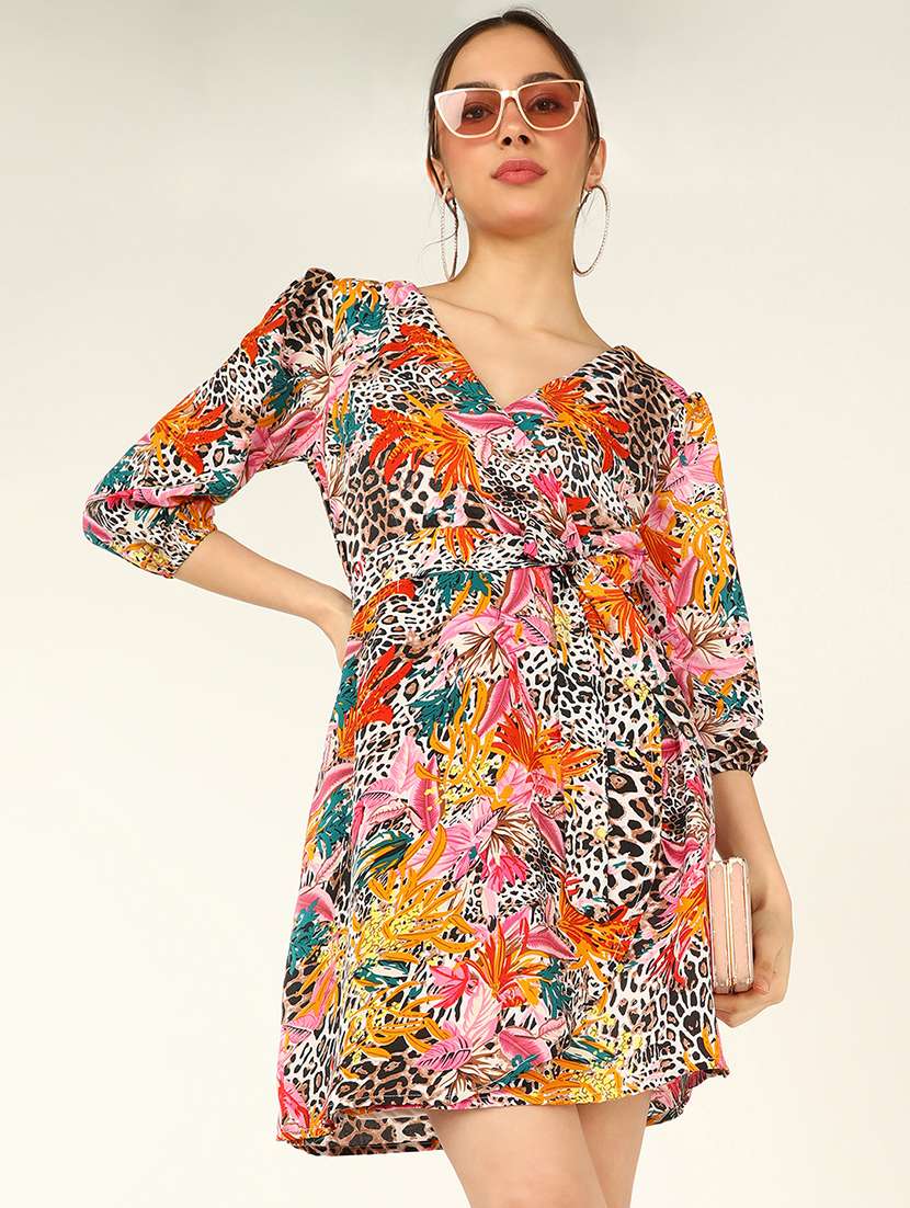women printed puff sleeve a-line dress