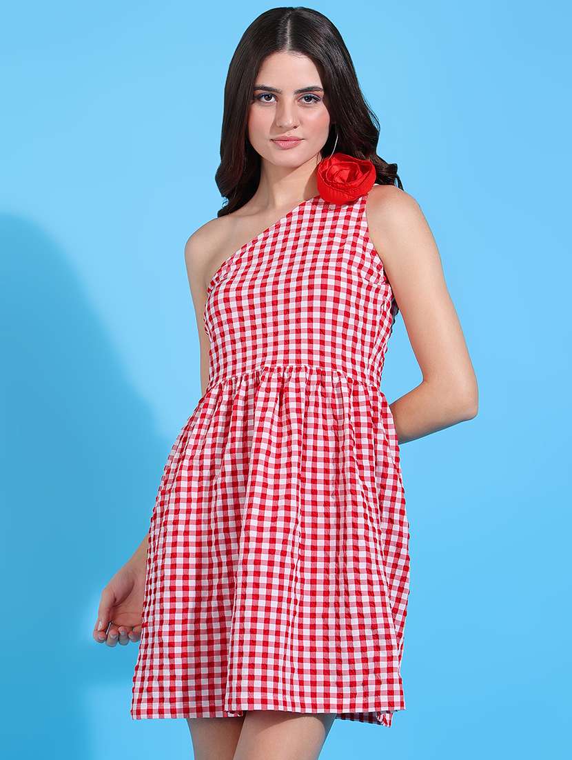 women checkered single shoulder a-line dress