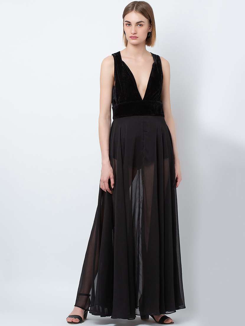 women solid sleeveless sheer fit & flared dress