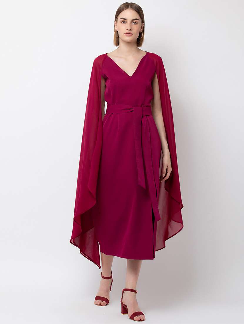 women solid cape sleeve a-line dress