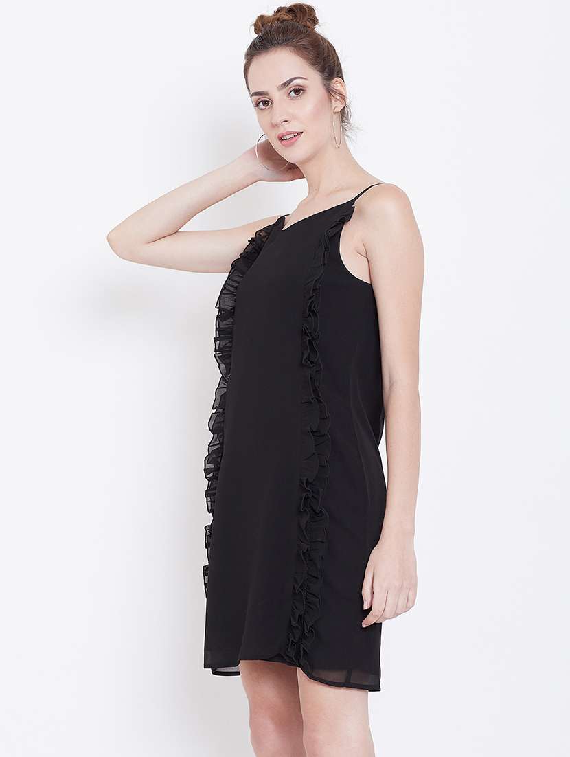 women solid shoulder strap a-line dress