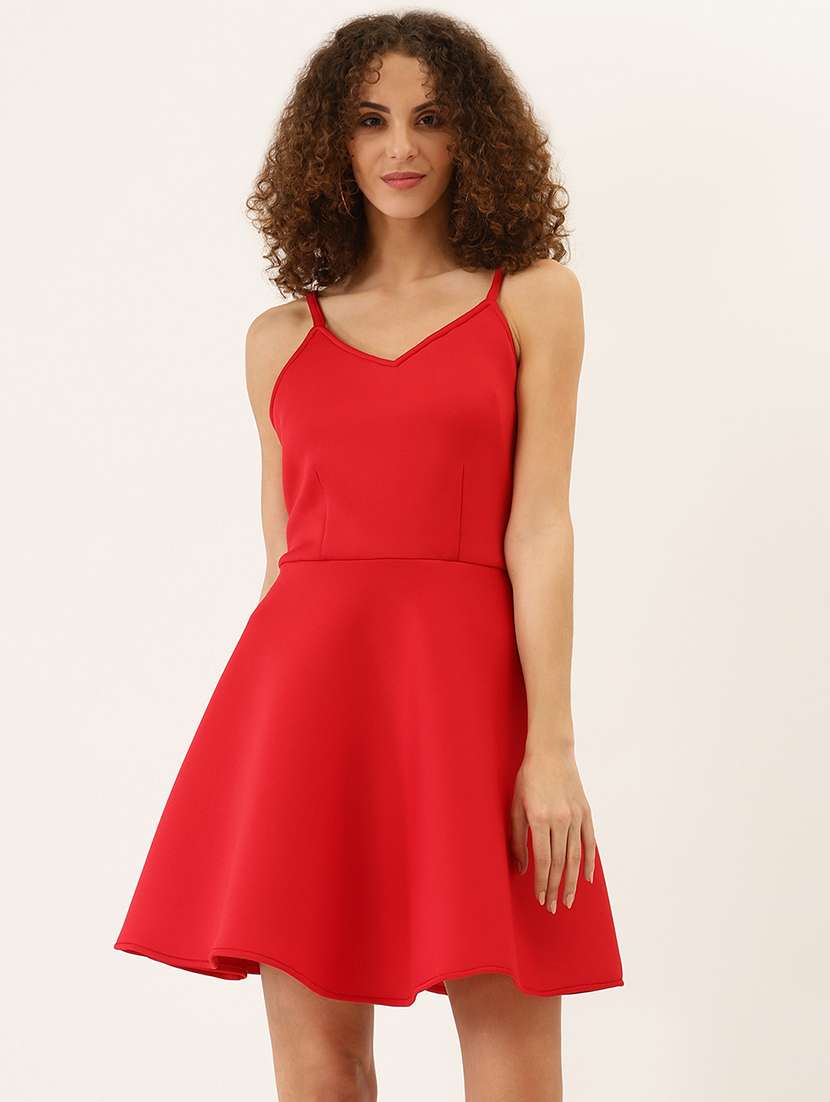 women solid shoulder strap a-line dress