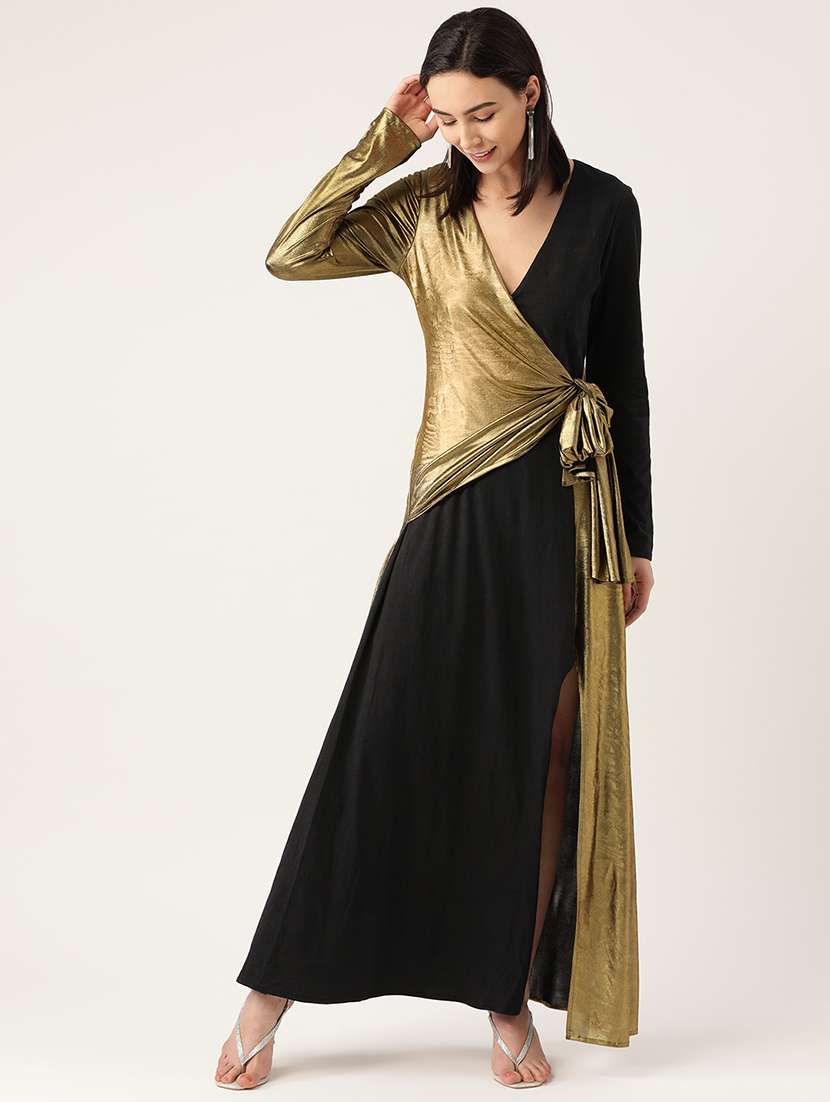 Women Color Blocked Long Sleeve Wrap Dress - 22380043 -  Standard Image - 2