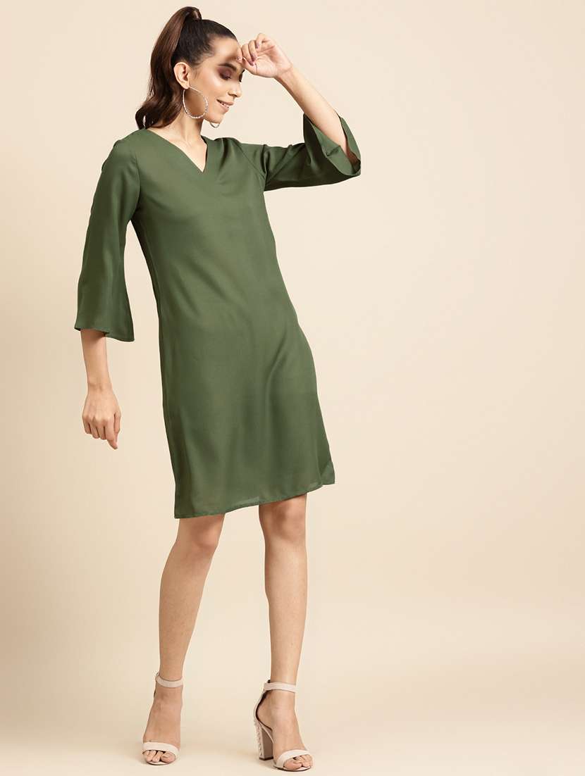women solid three quarter sleeve a-line dress - 22380048 -  Standard Image - 2
