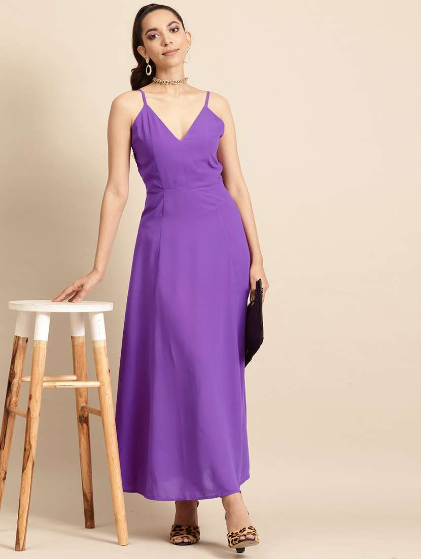 women solid shoulder strap a-line dress