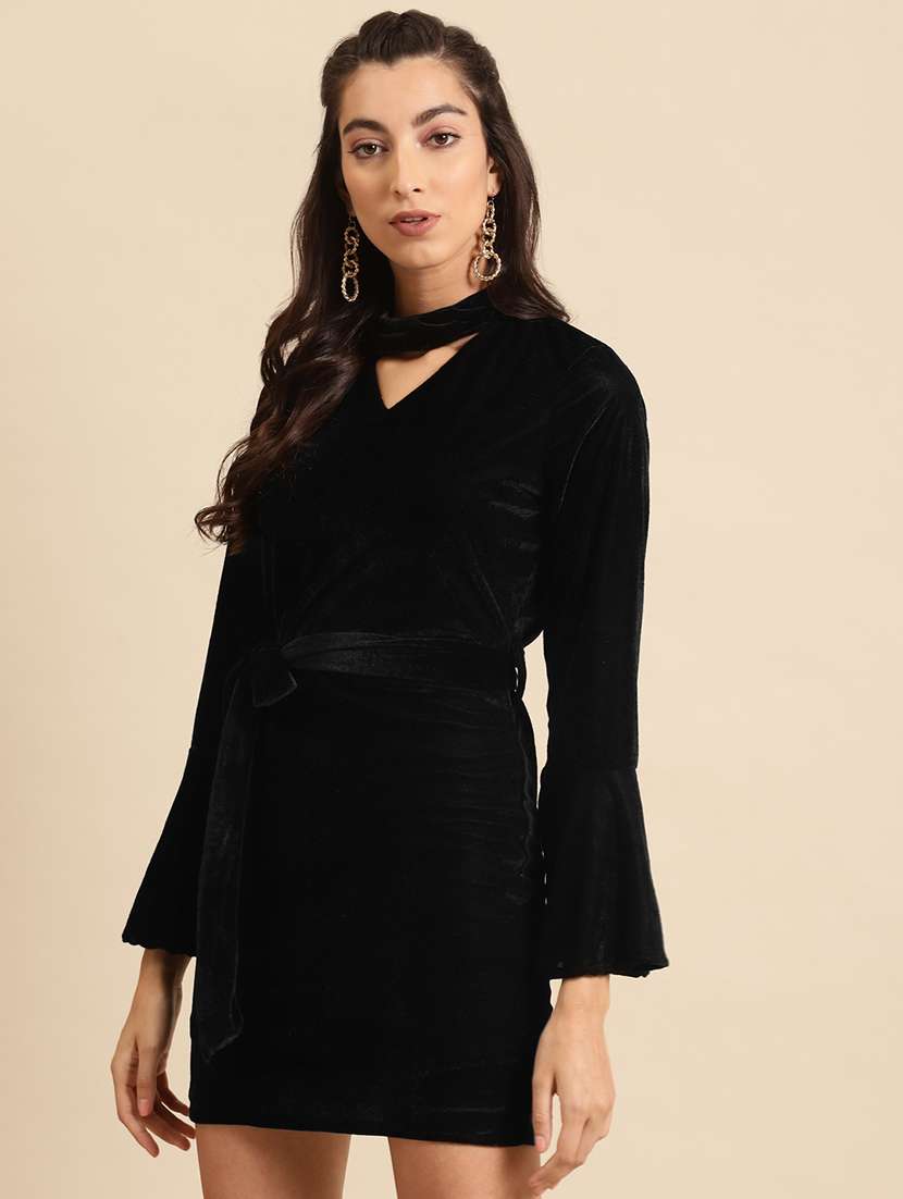women solid bell sleeve bodycon dress - 22380060 -  Standard Image - 2