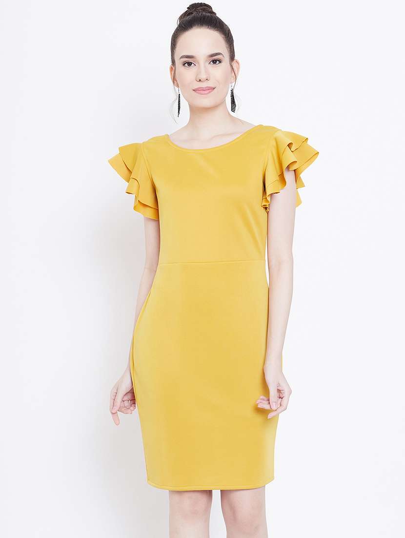 women solid ruffled sleeve sheath dress