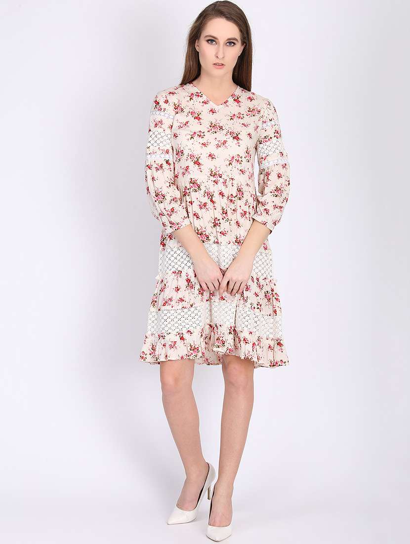 women floral print three quarter sleeve tiered dress