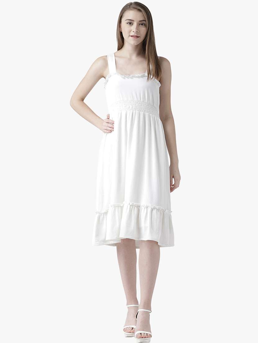 women solid shoulder strap tiered dress