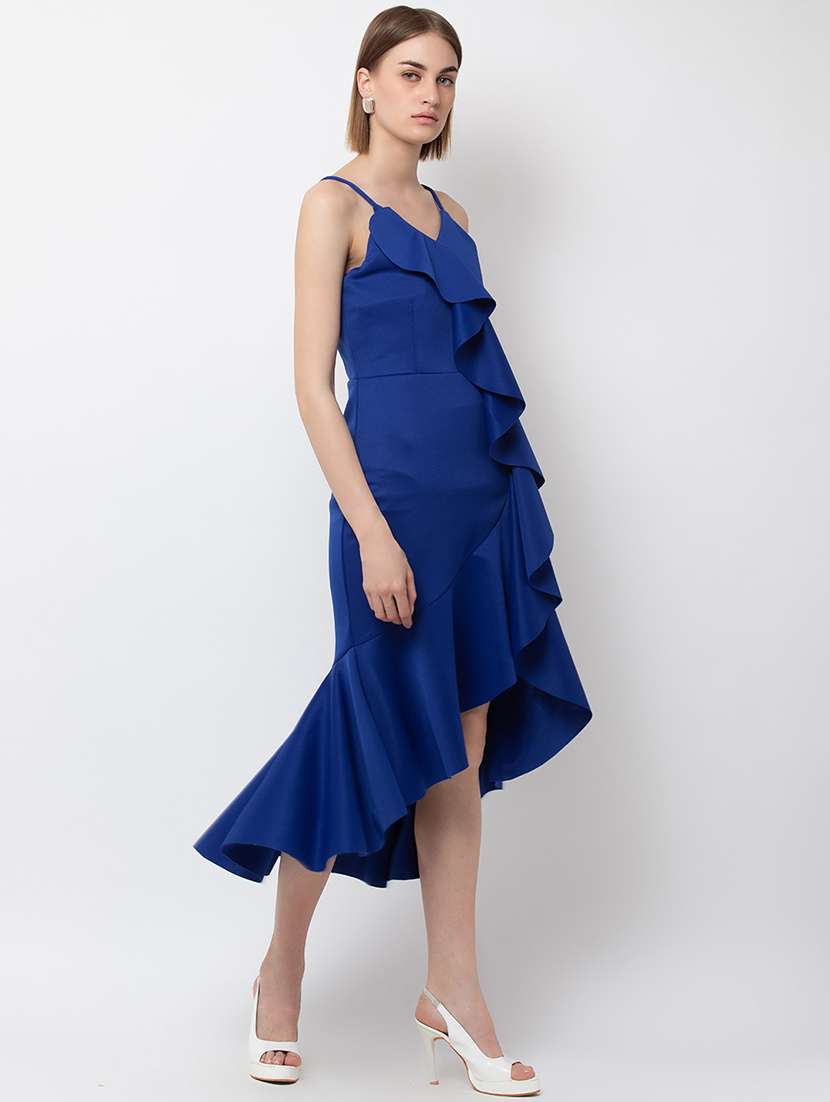 women solid shoulder strap asymmetric dress - 22380121 -  Standard Image - 2