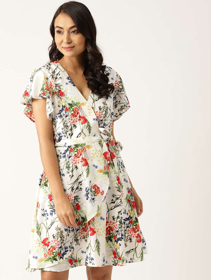 women floral print flute sleeve wrap dress