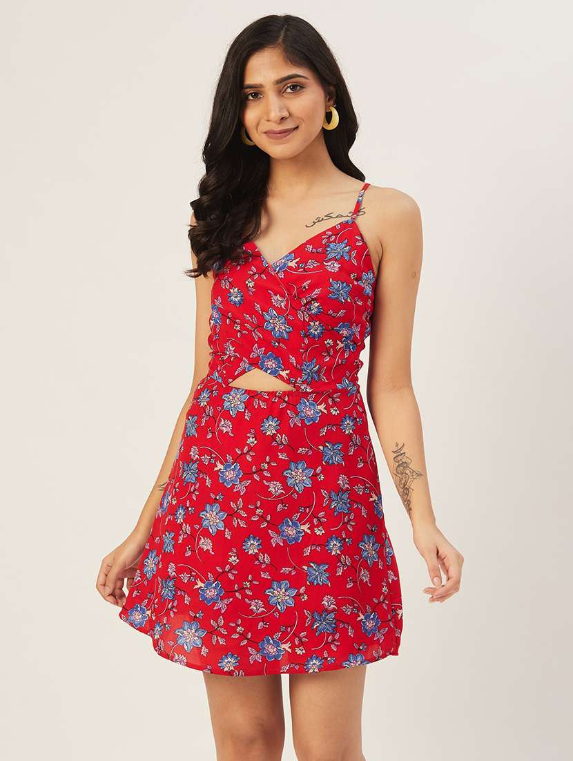 women printed shoulder strap a-line dress
