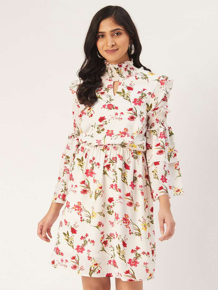 women floral print bell sleeve a-line dress
