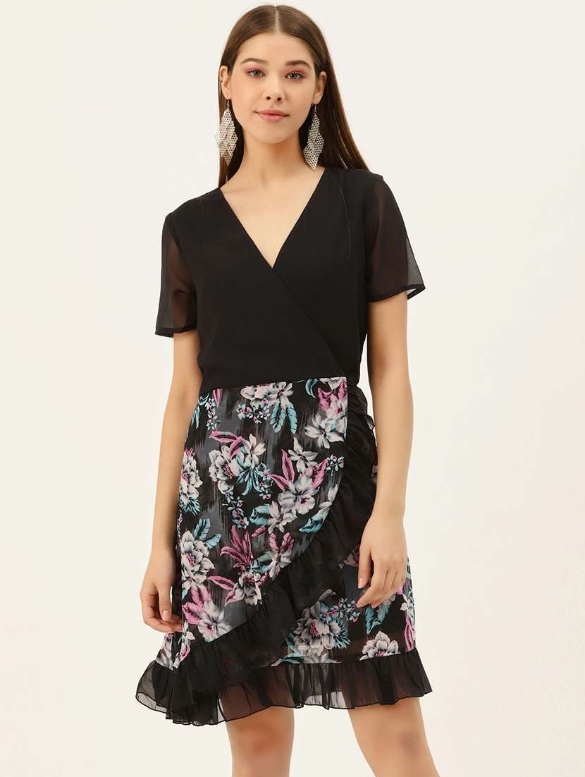 women floral print short sleeve wrap dress