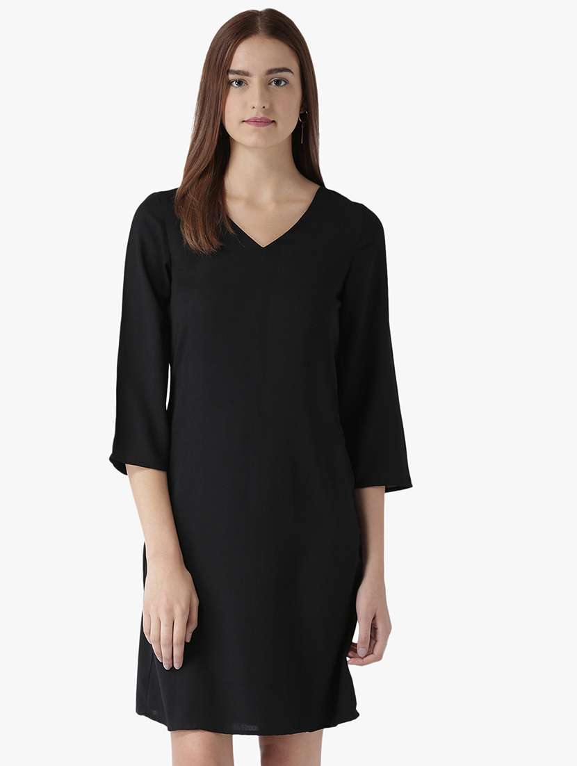 women solid three quarter sleeve a-line dress