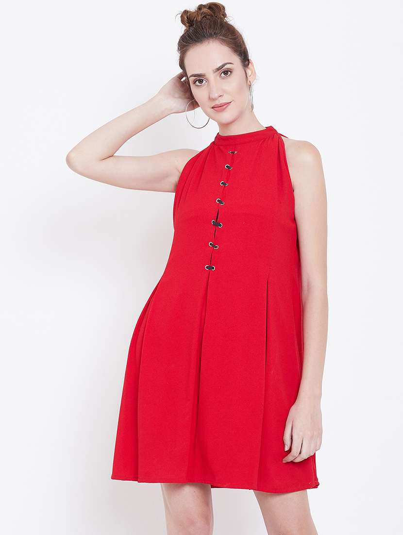 women solid halter neck sleeveless a-line dress