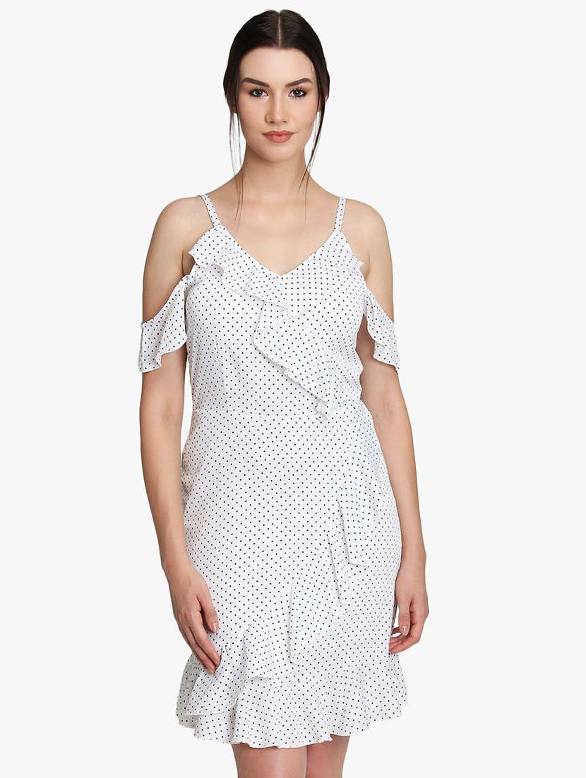 women polka doted shoulder strap ruffle dress