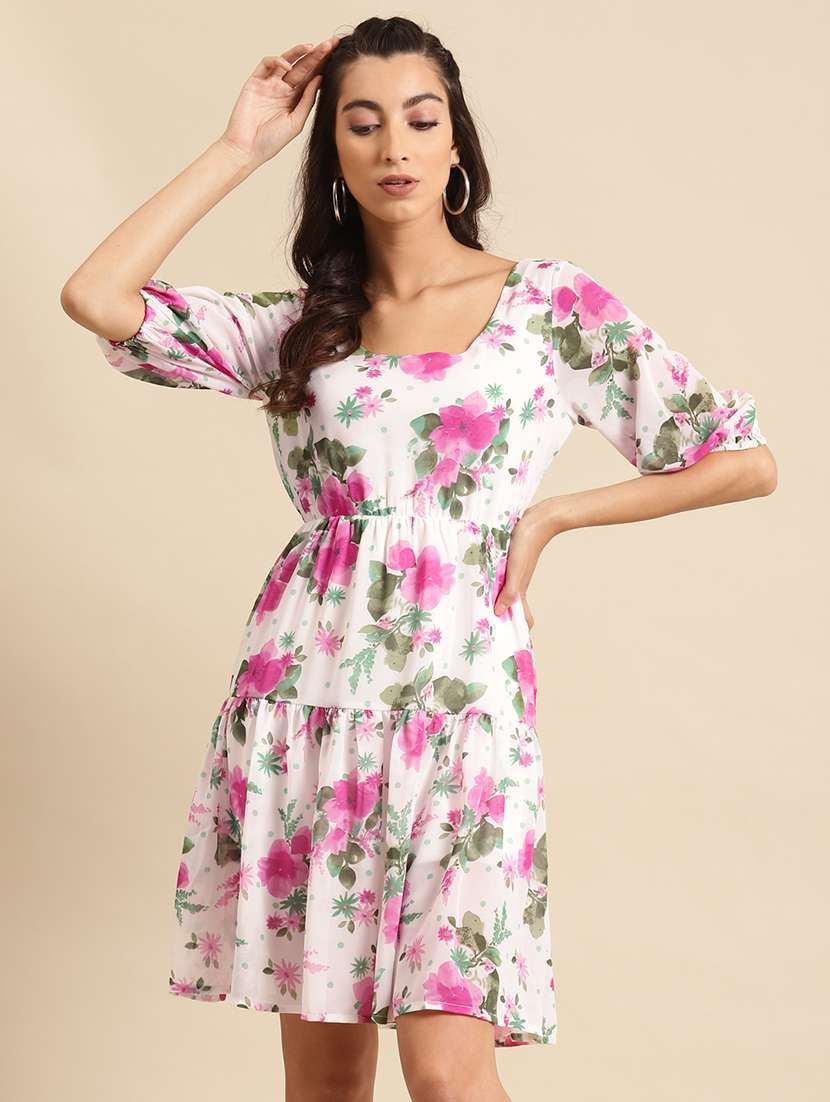 women floral print puff sleeve tiered dress