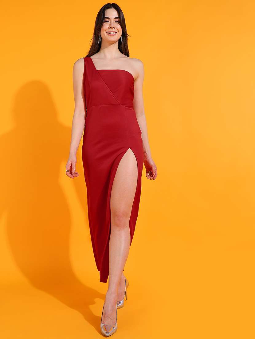 women solid single shoulder high slit a-line dress - 22380243 -  Standard Image - 2