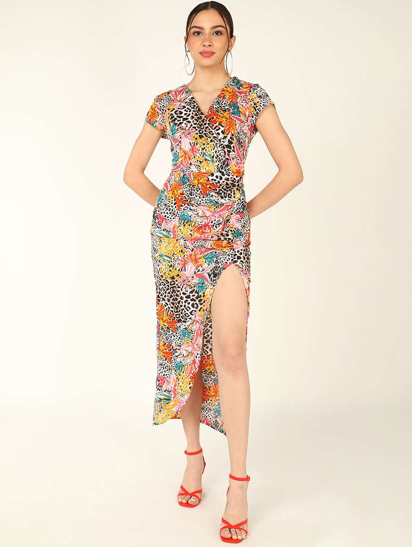 women printed short sleeve high slit sheath dress - 22380283 -  Standard Image - 2