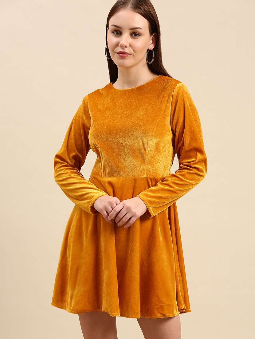 women solid long sleeve fit & flared dress