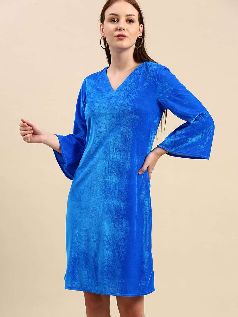 women solid bell sleeve a-line dress