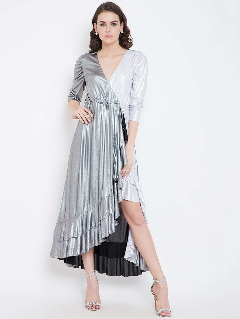 women color blocked overlap neck wrap dress