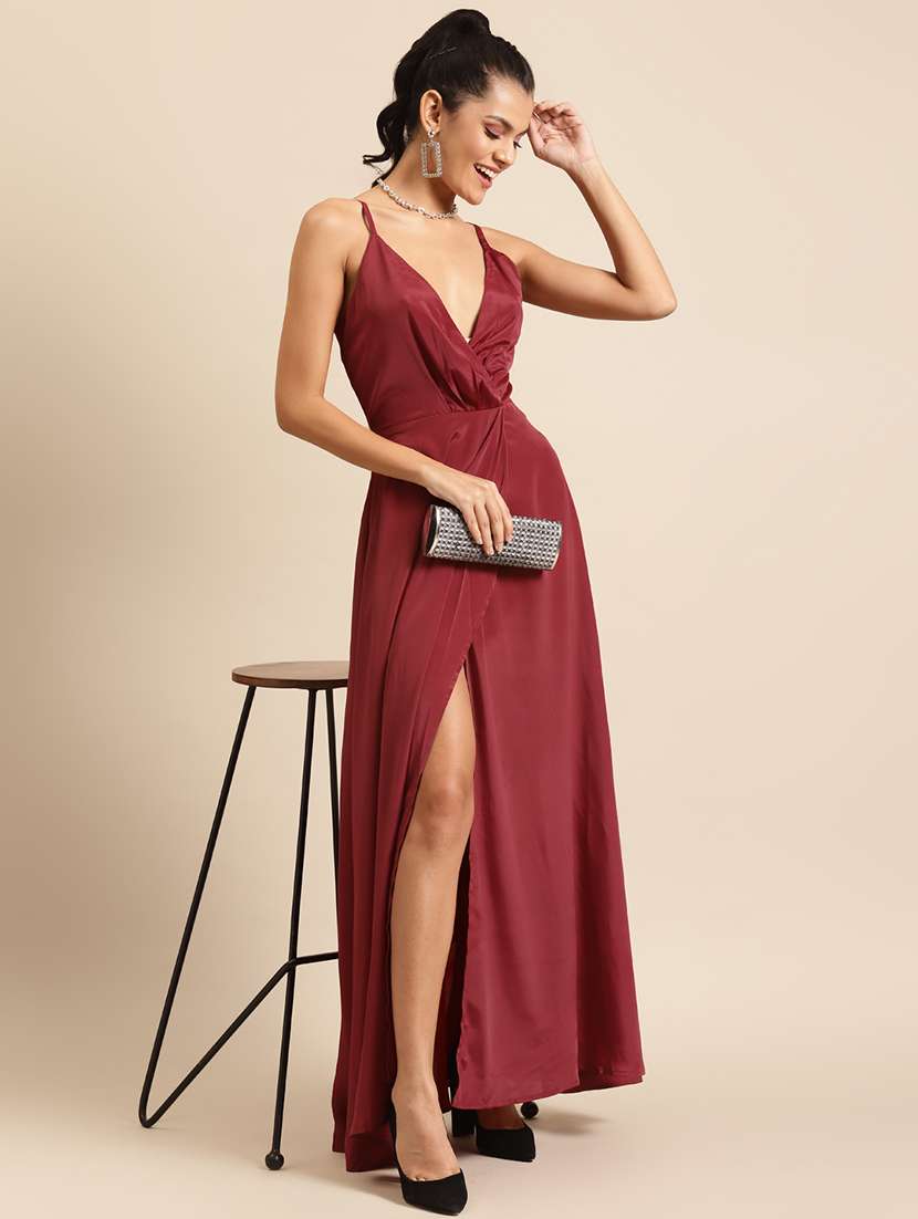 women solid shoulder strap high slit dress - 22380503 -  Standard Image - 2