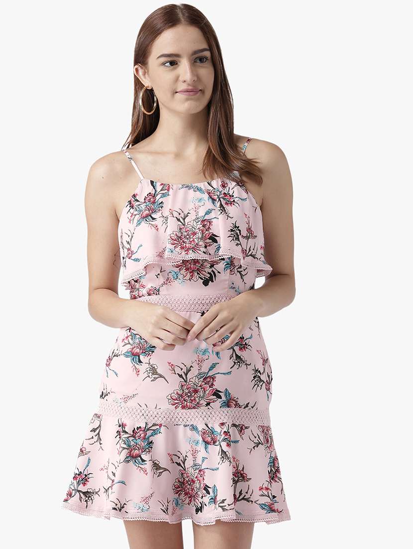 women floral print shulder strap tiered dress