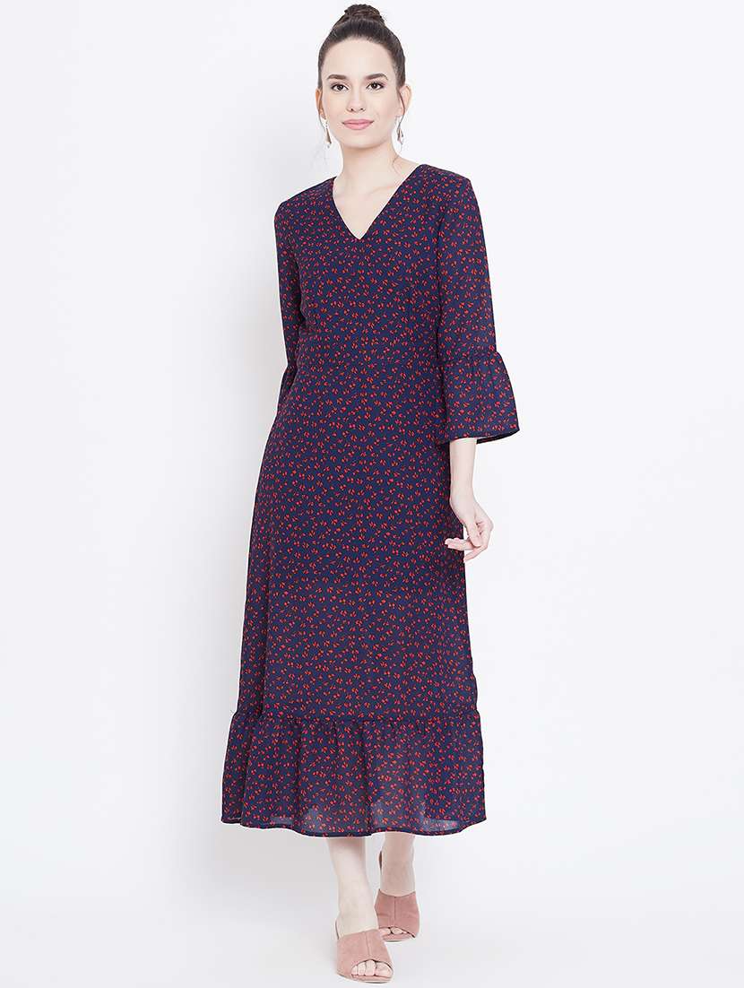 women printed bell sleeve tiered dress