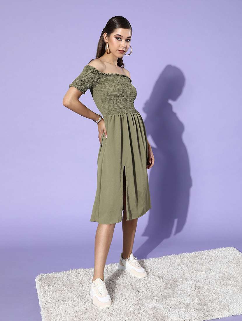 women solid off shoulder short sleeve a-line dress
