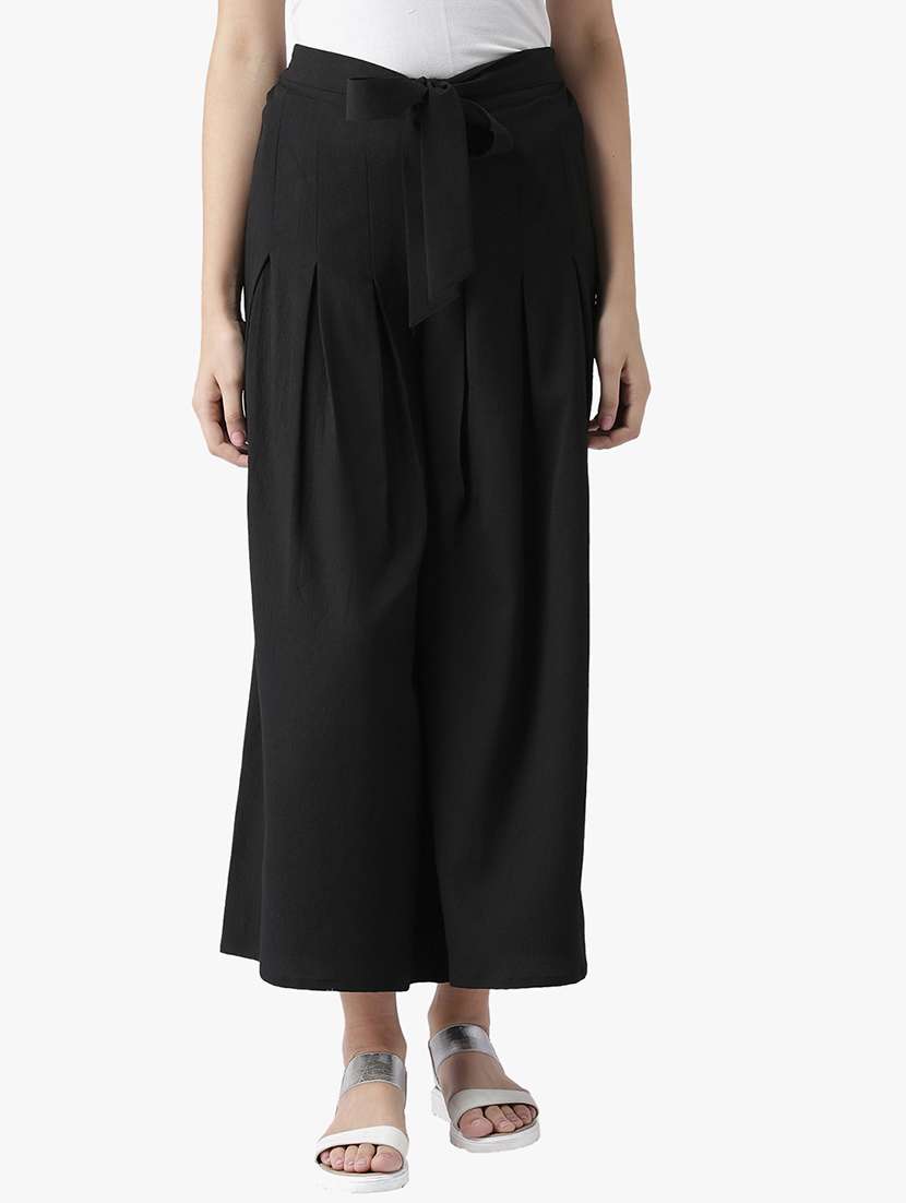 women solid high rise wide leg trouser