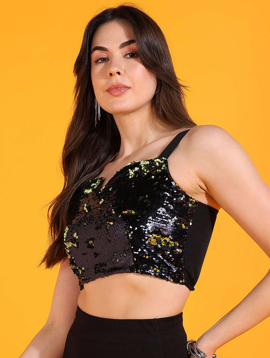 Women Sequined Shoulder Strap Crop Top - 22380835 -  Standard Image - 2