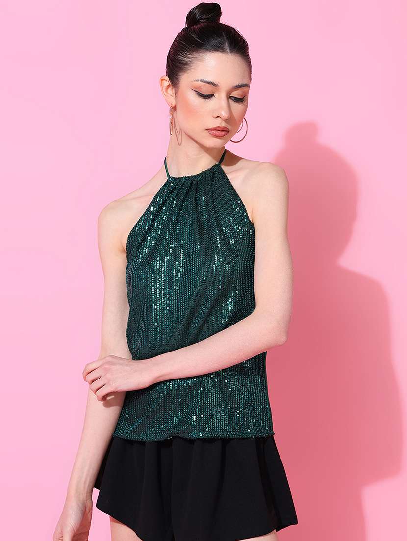 women sequined halter neck regular top