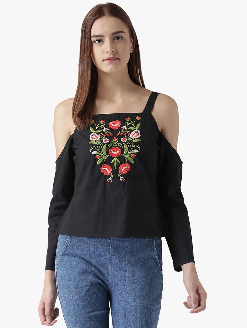 women embroidered cold shoulder straight top