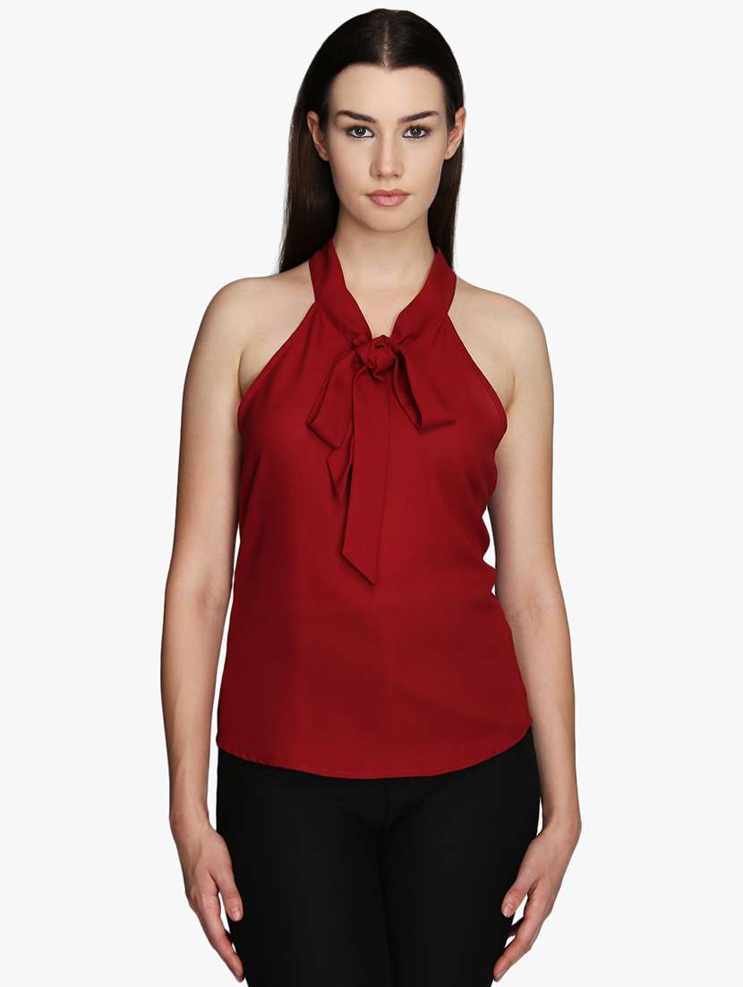 women solid halter neck regular top