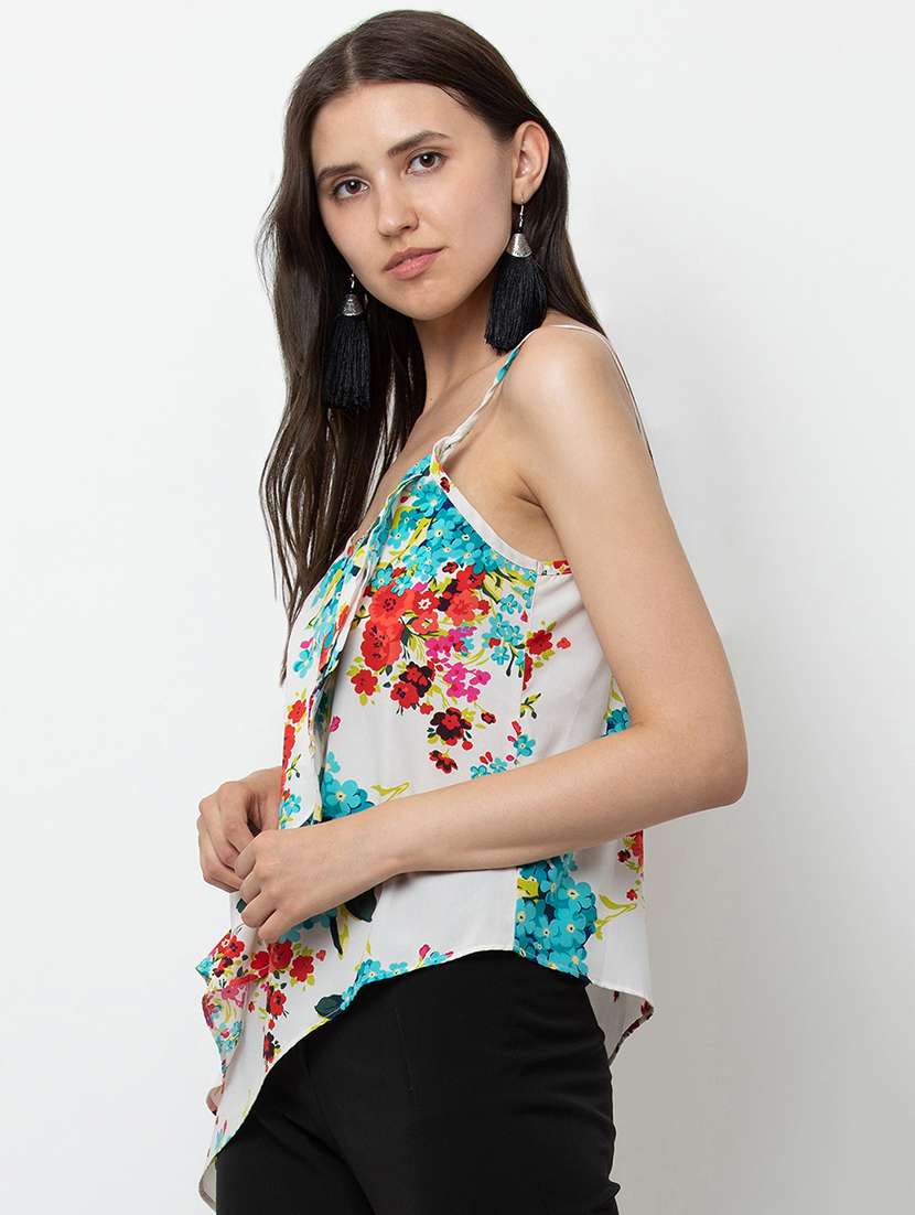 women floral print shoulder strap asymmetric top